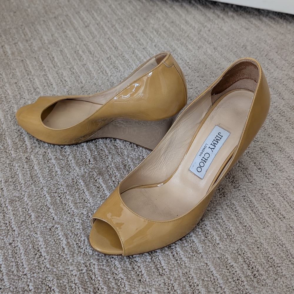 Jimmy‎ Choo Yellow & Tan Patent Leather Peep-Toe Wedges 7